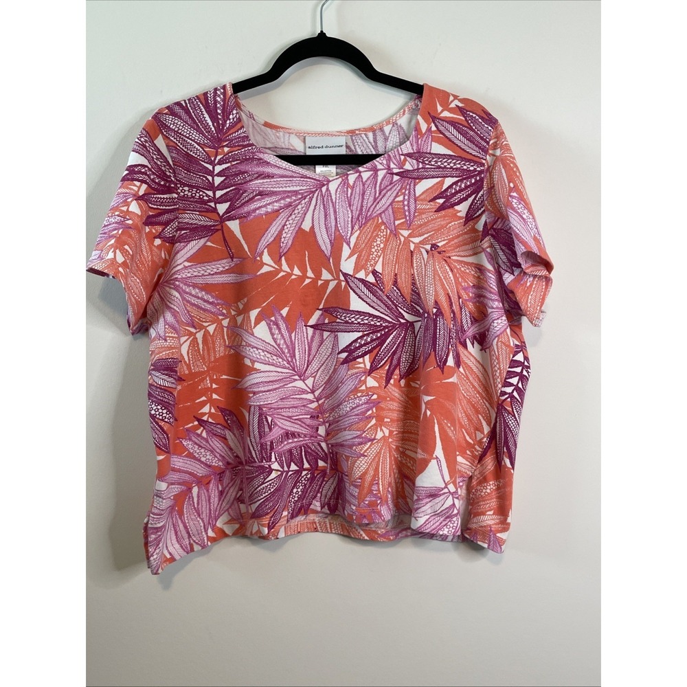 Alfred Dunner Petite PXL Tropical Floral Top Orange Pink Stretch Resort Casual